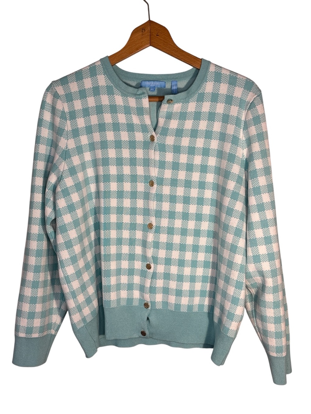 Draper James X Large Blue White Checked Gingham Button Cardigan Preppy